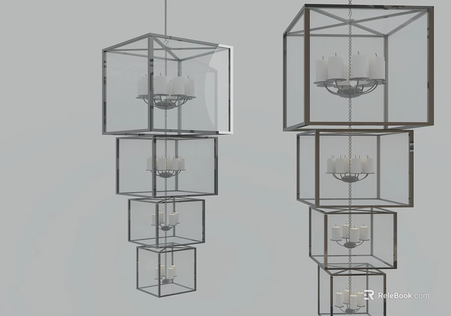 Modern Transparent Glass Cube Chandelier With Multi Layered Structure And Candle Shaped Bulbs 3d model 