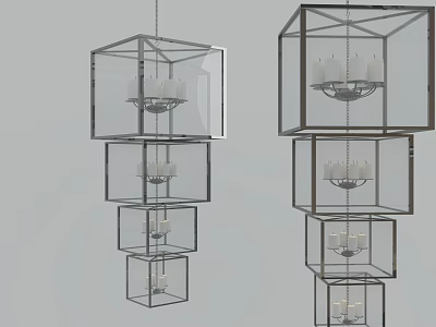 Modern Transparent Glass Cube Chandelier With Multi Layered Structure And Candle Shaped Bulbs 3d model