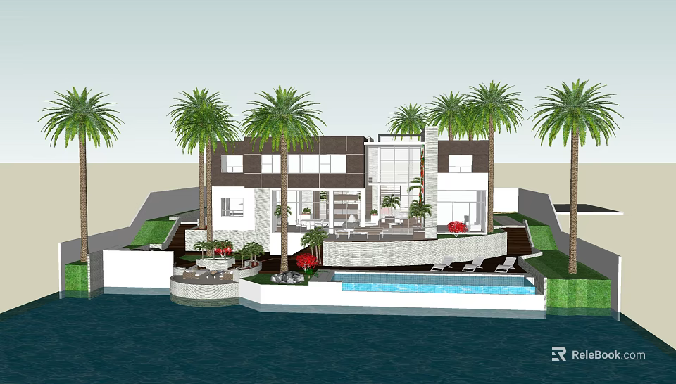 Modern Detached Villa With Waterfront Swimming Pool Palm Trees And Large Windows 3d model 