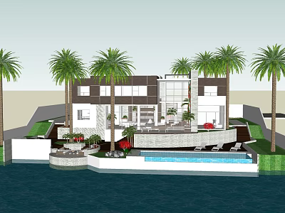Modern Detached Villa With Waterfront Swimming Pool Palm Trees And Large Windows 3d model