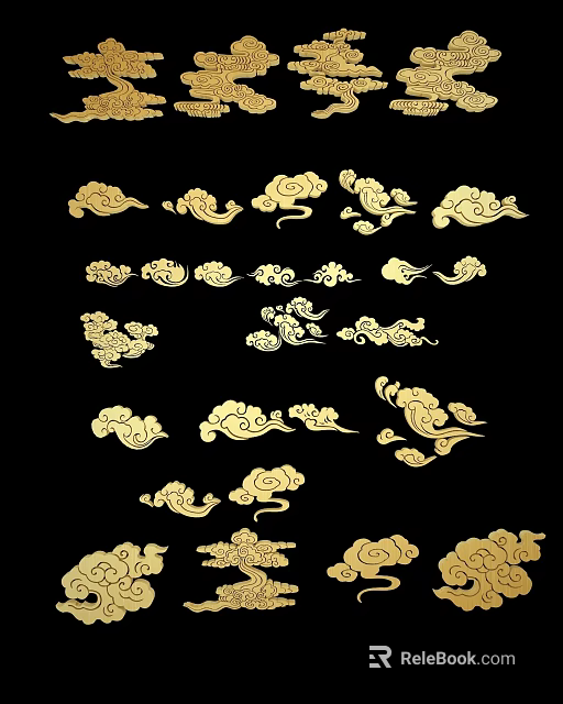 Golden Cloud Pattern Carvings in Traditional Style on Black Background with Artistic Design 3d model 