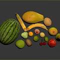 Colorful Assorted Fresh Fruits Watermelon Banana Mango Apple Pear Strawberry Arranged Together on Black Background