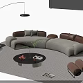 Modern Curved Beige Brown Sofa and Round Coffee Table Set With Floor Lamp and Rug