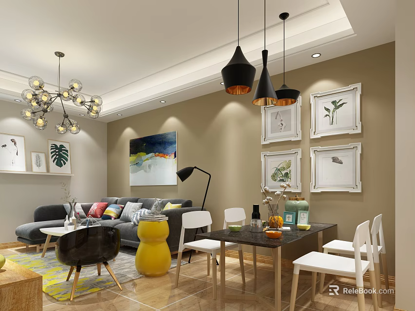 Modern Living And Dining Room Interior With Chandeliers Framed Artworks Sofa Dining Table And Chairs 3d model 