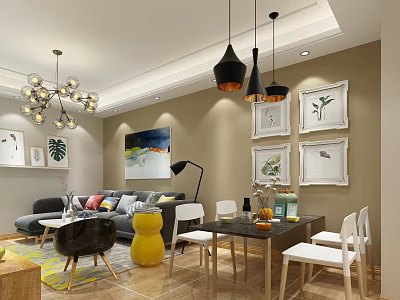Modern Living And Dining Room Interior With Chandeliers Framed Artworks Sofa Dining Table And Chairs 3d model