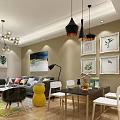 Modern Living And Dining Room Interior With Chandeliers Framed Artworks Sofa Dining Table And Chairs