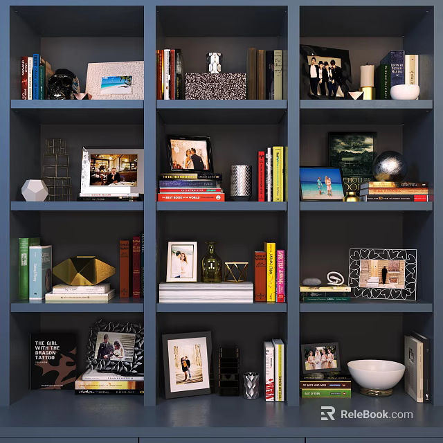 Organized Blue Bookshelf With Books Magazines Photo Frames Decorative Items and Sculptures 3d model 