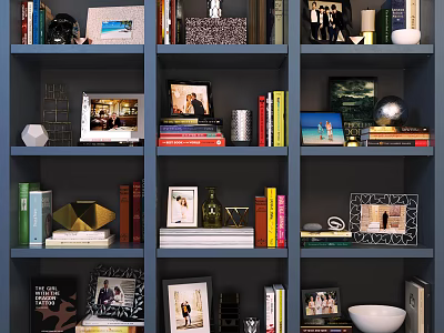 Organized Blue Bookshelf With Books Magazines Photo Frames Decorative Items and Sculptures 3d model