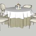 Elegant Round Dining Table with White Tablecloth Beige Trim and Four Light Colored Armchairs Set 3d model