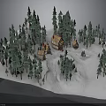 Snowy Winter Forest Scene with Tall Pine Trees and Wooden Cabins