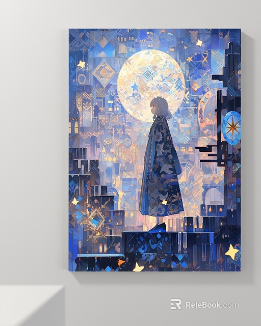 Magical Figure Painting of Cloaked Back View Figure with Geometric Night City Moon and Stars 3d model 