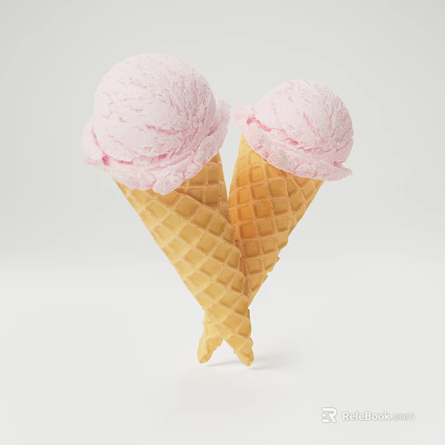 Pink Ice Cream Scoops in Crossed Waffle Cones on White Background 3d model 