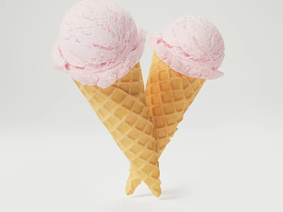 Pink Ice Cream Scoops in Crossed Waffle Cones on White Background 3d model