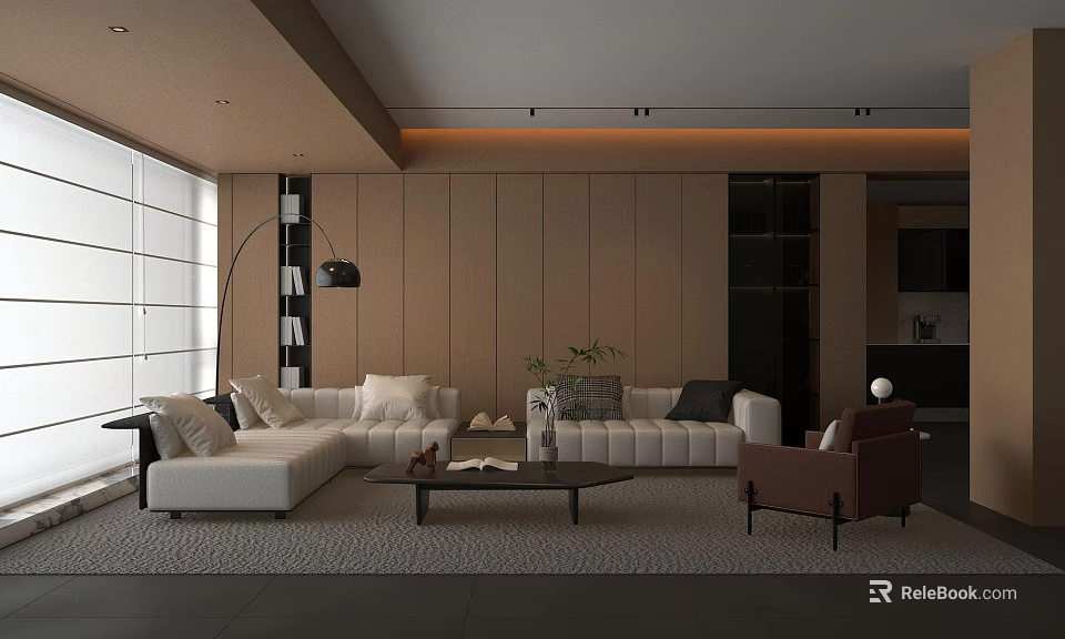 Modern Living Room Minimalist Design With Light Beige L-shaped Sofa Brown Armchair Dark Coffee Table 3d model 