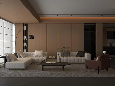 Modern Living Room Minimalist Design With Light Beige L-shaped Sofa Brown Armchair Dark Coffee Table 3d model