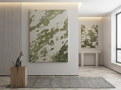 Modern Interior With Green White Abstract Paintings Cat Figurine And Wooden Pedestal 3d model