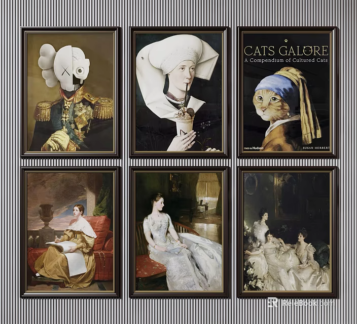 Vintage Classical Art Paintings Featuring Cats In Framed Gallery 3d model 
