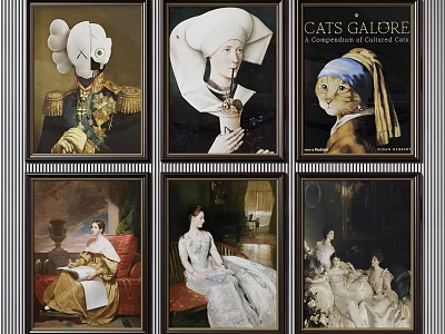 Vintage Classical Art Paintings Featuring Cats In Framed Gallery 3d model