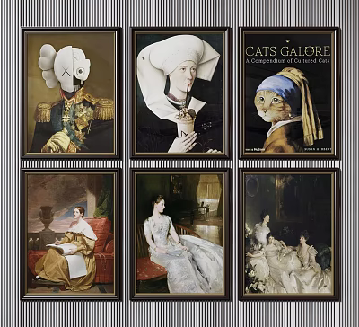 Vintage Classical Art Paintings Featuring Cats In Framed Gallery 3d model