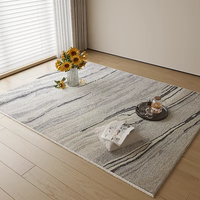 Square Rug With Striped Pattern On Wooden Floor Featuring Sunflower Vase Tray And Magazine 3d model