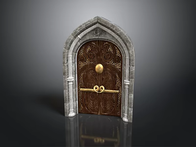 Ornate Gothic Arch Carved Wooden Door With Golden Knocker And Stone Frame 3d model