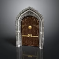 Ornate Gothic Arch Carved Wooden Door With Golden Knocker And Stone Frame