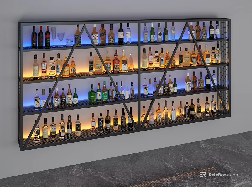 Modern Wine Cabinet With Layered Shelves And Various Wine Bottles With LED Lighting 3d model 