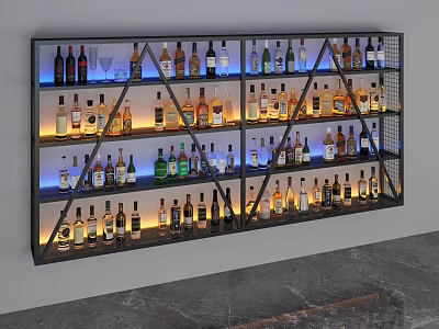 Modern Wine Cabinet With Layered Shelves And Various Wine Bottles With LED Lighting 3d model