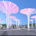Park Landscape Featuring Illuminated Purple Pink Canopy Structures Open Plaza Circular Paths And People Walking
