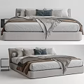 Modern Double Bed With Gray Blue Pillows Fringed Blanket And Bedside Table 3d model