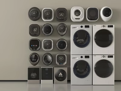 Modern Home Laundry Room With Multiple Washing Machines And Control Panels 3d model