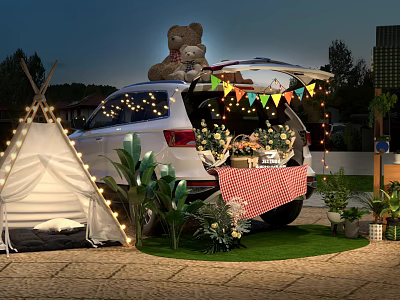 Cozy Evening Outdoor Camping Setup With SUV Trunk Teddy Bears Tent And String Lights 3d model
