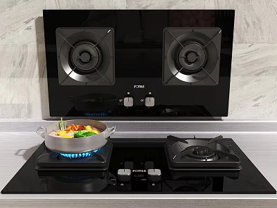 Modern Kitchen Gas Stove With Two Burners Black Surface And Pan With Vegetables 3d model