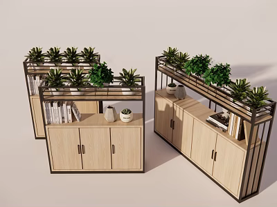 Modern Wooden Room Divider With Metal Frame And Green Plants Storage Cabinets And Decorative Shelves 3d model