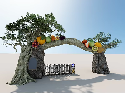 Tree Arch Entry Gate with Colorful Fruit Decorations Natural Trunk and Metal Fence 3d model