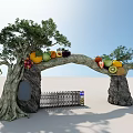 Tree Arch Entry Gate with Colorful Fruit Decorations Natural Trunk and Metal Fence