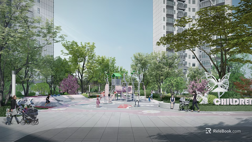 Outdoor Children's Playground With Colorful Play Equipment Green Trees And Tall Buildings 3d model 