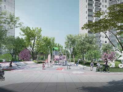 Outdoor Children's Playground With Colorful Play Equipment Green Trees And Tall Buildings 3d model