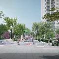 Outdoor Children's Playground With Colorful Play Equipment Green Trees And Tall Buildings