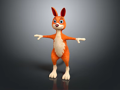 3D Cartoon Kangaroo Character with Orange Fur White Belly Big Ears and Blue Eyes Standing 3d model