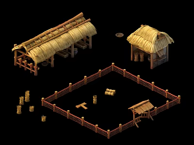 Farm Animals Habitat With Fenced Area And Thatched Roof Structures And Hay Bales 3d model
