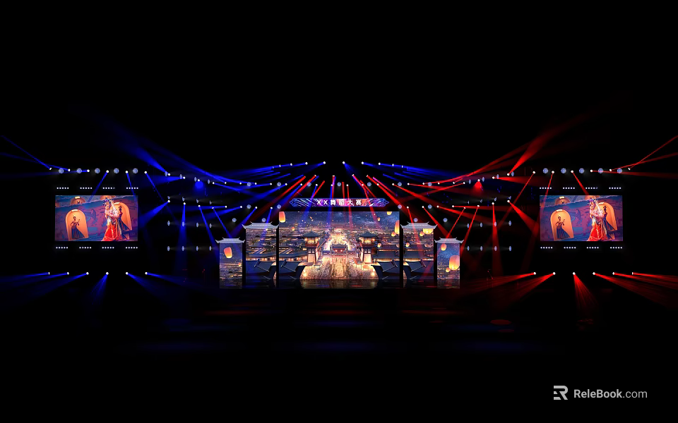 Stunning Stage Setup With Blue Red Lights Large Background Screens And Central Performance Structure 3d model