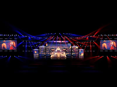Stunning Stage Setup With Blue Red Lights Large Background Screens And Central Performance Structure 3d model
