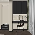 Elegant Modern Room Corner With Dark Cabinets Desk Chair Mirror And Table Lamp