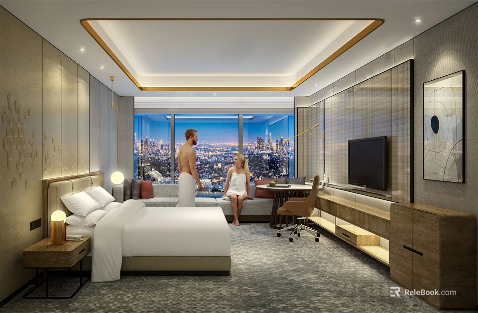Modern Hotel Room Interior with King Bed City View Work Desk TV and Nightstand 3d model 