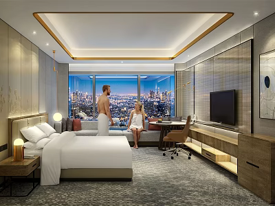 Modern Hotel Room Interior with King Bed City View Work Desk TV and Nightstand 3d model