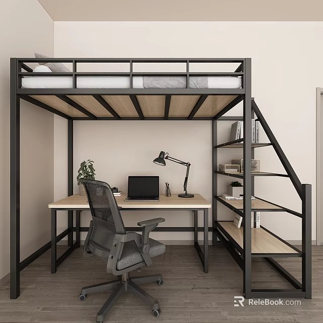 Modern Black Frame Bunk Bed with Lower Desk Chair and Wooden Storage Staircase 3d model 