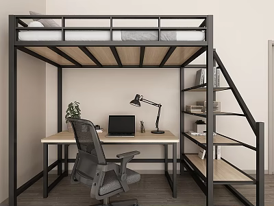 Modern Black Frame Bunk Bed with Lower Desk Chair and Wooden Storage Staircase 3d model
