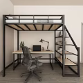Modern Black Frame Bunk Bed with Lower Desk Chair and Wooden Storage Staircase