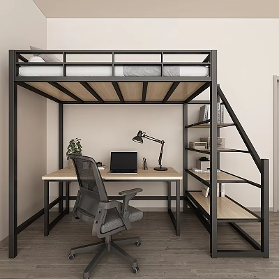 Modern Black Frame Bunk Bed with Lower Desk Chair and Wooden Storage Staircase 3d model